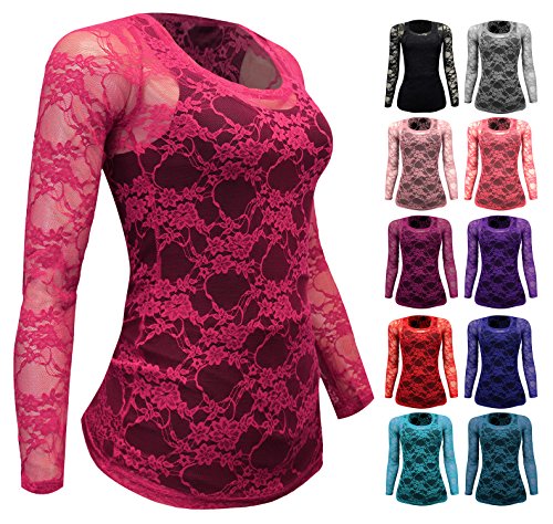 Enimay Women's 1 and 2 Pack Floral Long Sleeve Lace Sheer Top Layer Shirt