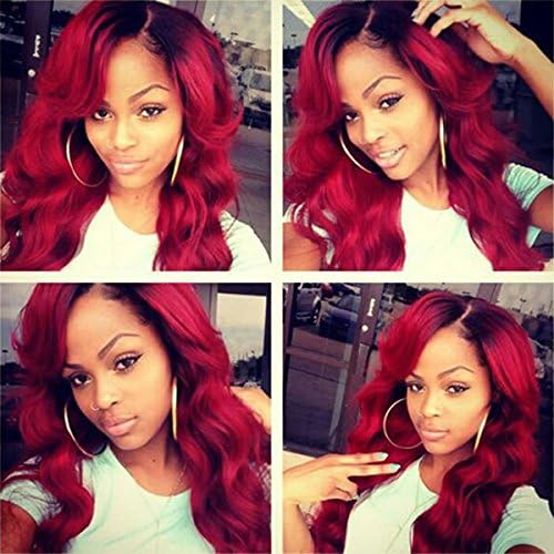 Heat Resistant Two Tone Red Synthetic Lace Front Wig With Black Roots 150%-180% Density 24" Ombre Red Kanekalon Hair Lace Wavy Wig