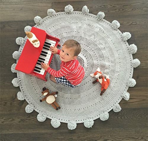 Pom Pom Playmat Handmade From Softest Cottons for Baby in Fun Designs Crochet Blanket (Grey)