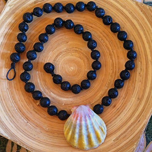 Hand knotted black lava necklace with sunrise shell