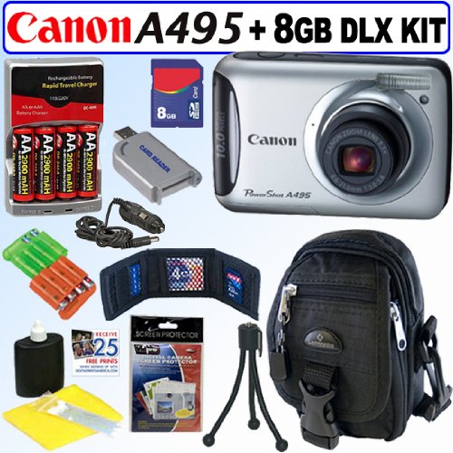 Canon PowerShot A495 10.1 MP Digital Camera Silver + 8GB Deluxe Accessory Kit