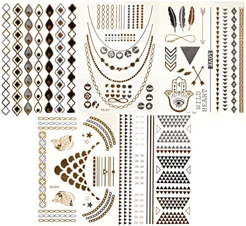 Flash Tattoos Metallic Gold, Silver, Black Temporary Tats Sticker Bling (5-Sheets)