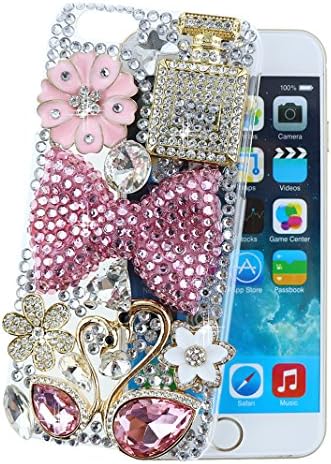 Ancerson Luxury Golden Flower Perfume Bottle Pink Blossom White Daisy Plum Blossom Silvery Butterfly 3D Handmade Shining Glitter Crystal Diamond Rhinestones Hard Back Case Cover for Apple iPhone 6 (4.7") Free with a Red Stylus Touchscreen Pen, a 3.5mm Universal Crystal Diamond Rhinestones Bling Lovely Silvery Flower Blue Panda Pendant Dust Plug and a Cleaning Cloth(Transparent Clear) (Elegant Pink Bow Bowknot Golden Pink Rain Drop Swan Couple)
