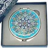 Double handbag mirror, handmade mother of pearl gift, blue feather