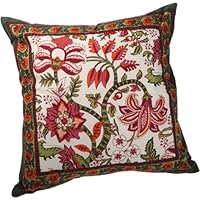 Mahogany Floral Print Cushion, 20-Inch by 20-Inch, 100-Percent Cotton, Cream with Green Border
