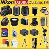 Nikon D3000 SLR Digital Camera with 3-inch LCD (Includes manufacturer's supplied accessories) with 18-55mm + 55-200mm VR Lens + HUGE ACCESSORIES PACKAGE INCLUDING WIDE ANGLE MACRO LENS + 2X TELEPHOTO + 3 PC FILTER KIT + 8GB SDHC MEMORY CARD + 2x EXTENDED LIFE BATTERIES + 2 CARRYING CASES + TRIPOD + MONOPOD & MUCH MORE !!
