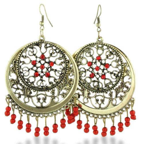 Floral Gold Tone Red Beaded Circle Dangle Earrings, 2 1/2 Inches