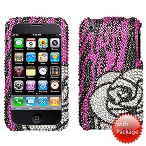 Hot Pink Zebra Rose Premium Diamante Crystal Protector Cover for Apple iPhone 3G / 3GS AT&T