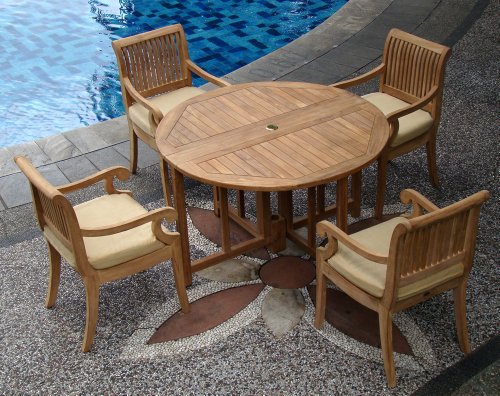Grade-A Teak Wood Luxurious Dining Set Collections (GVk): 5 pc - 48" Round Butterfly Table and 4 Arm Chairs [**Click To See More Choices...]