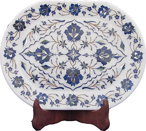 Marble White Coffee Tray Plate Stone Lapis Pietra Dura Art and Crafts