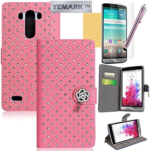 LG G3 Case,LG G3 Wallet Case,YEMARK(TM) Handmade Bling Crystal Glitter Rhinestone Diamond Flower Pendant Premium PU Leather Wallet Flip Case Cover with Stand For LG G3[Built-in Credit Card/ID Card Slots],[+Stylus+Screen Protector+Cleaning Cloth]-(Pink)