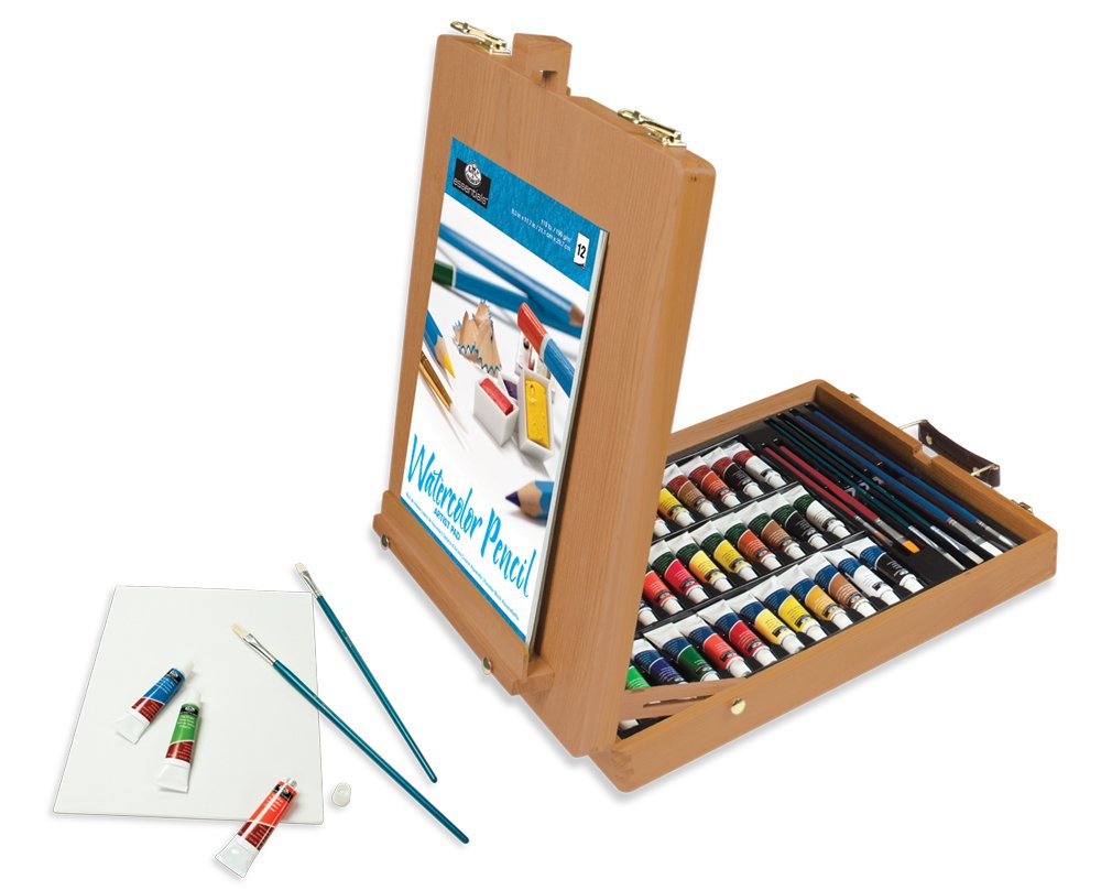 Estuche de pinturas con caballete y pinceles