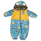 キッズ・ベビー スキーウエア ファーフード 中綿たっぷり ジャンプスーツ 男の子 男児 (ブルー 90cm)