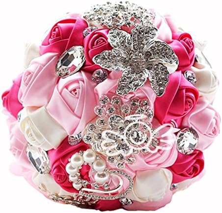 Rinzony Handmade Rose Satin Flower Pearl Brooch and Rhinestones Bridal Bouquet Wedding Party (Pink)