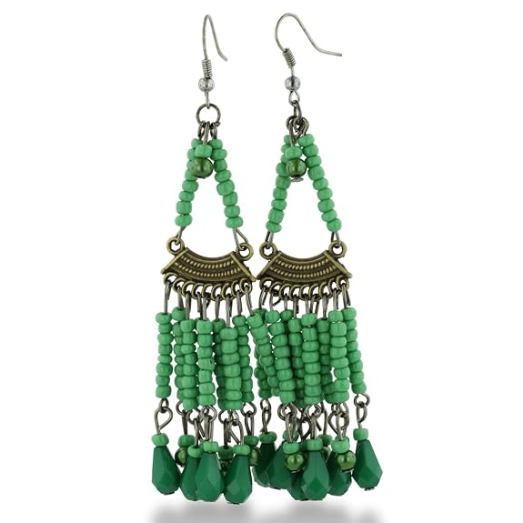 Chandelier Dangle Earrings with Green Beaded Strands, 3 Inches Long