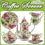 Porcelain tea set,Coffee Tea Server, Porcelain China, Pink Roses Gold Accent, 17 Pcs. by Porcelain China Tea Sets