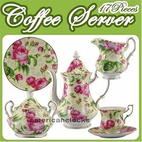 Porcelain tea set,Coffee Tea Server, Porcelain China, Pink Roses Gold Accent, 17 Pcs. by Clocks