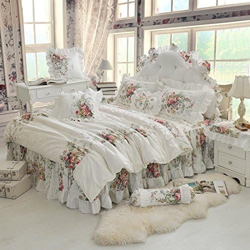 Zacard Rose Floral Print Duvet Cover Bedding Set for Girls Ruffle Bedding Twin Full Queen King (White, King)