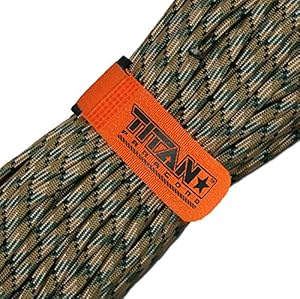 TITAN SurvivorCord / Parachute Cord, 100 Feet, Forest Camo | Military 550 Paracord + Fishing Line + Waxed Jute + Brass Wire. Exclusive Patent-Pending Design. Includes FREE Paracord Project eBooks.