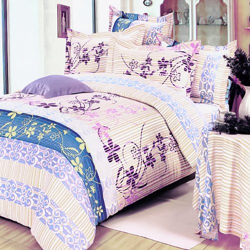 Blancho Bedding - [Striped Orchid] 100% Cotton 4PC Comforter Cover/Duvet Cover Combo (King Size)