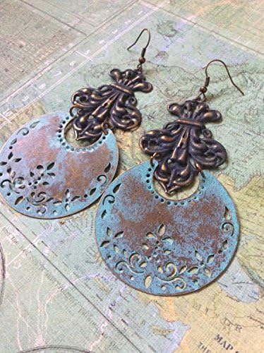 Distressed Verdigris Crescent and Fleur De Lis Bohemian Style Statement Earrings