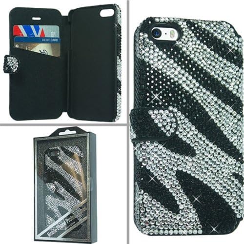 APPLE IPHONE 5 5S BLACK SILVER ZEBRA BLING GEM FLIP COVER WALLET ID POUCH CASE from [ACCESSORY ARENA]