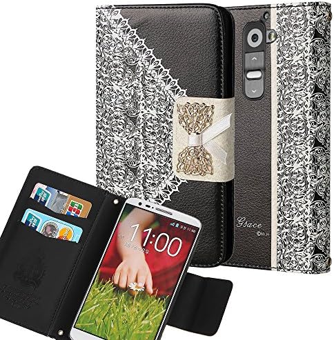 LG G2 Case, Kuteck LG G2 Wallet Case [Bow Lace Fashion] Bling PU Leather LG G2 Cover [Flip Cover] with Pocket for ID, Credit Cards Slots (LG Optimus G2 D800 D801 D802 D803 VS980 F320) (Black)