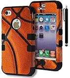 iPhone 4 Case, Bastex Heavy Duty Hybrid Case - Soft Black Silicone Cover Hard Basketball Design Case for Apple iPhone 4, 4g, 4s 4gs**INCLUDES STYLUS**