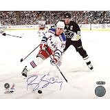 NHL Brandon Dubinsky Rangers White Jersey Controlling The Puck Horizontal Autographed 8-by-10-Inch Photograph