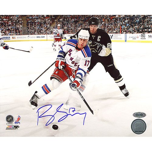 Steiner Sports NHL Brandon Dubinsky Rangers White Jersey Controlling The Puck Horizontal Autographed 8-by-10-Inch Photograph