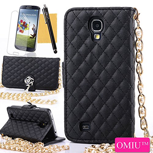 Galaxy S4 Case,OMIU(TM)Luxury Fashion Camellia Pendant Rhombus Handbag Metal Chain Style Superior Soft PU Leather Grid Purse Wallet Case Cover For Samsung Galaxy S4 i9500(Black),Sent Screen Protector+Stylus+Cleaning Cloth