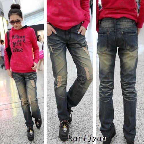 【デニムLL】大きいサイズ ストレートジーンズ 美脚 クラッシュダメージ加工デニムﾊﾟﾝﾂ L~5L