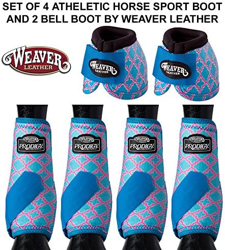 SET OF 4 BLUE QUATREFOIL ATHLETIC HORSE LEG BOOT AND 2 NO TURN BELL BOOTS WEAVER
