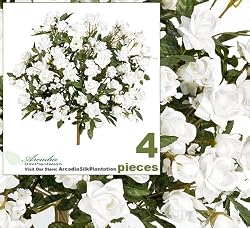 Four 17" Artificial Small Open Rose Silk Flower Bushes _ White