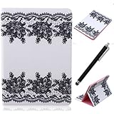 Qbily iPad Air(iPad 5) Soft White Case,Lace PU Leather Lace Pattern For Girls Stand Book Slim Kickstand Wallet ID Card Slot Design Shell Flip Cases + Screen Protector Film Black Stylus Pen