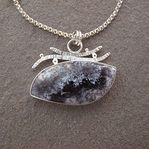 Fabricated Black White Dendrite Opal Cabochon Necklace Gemstone Sterling Silver Metalwork