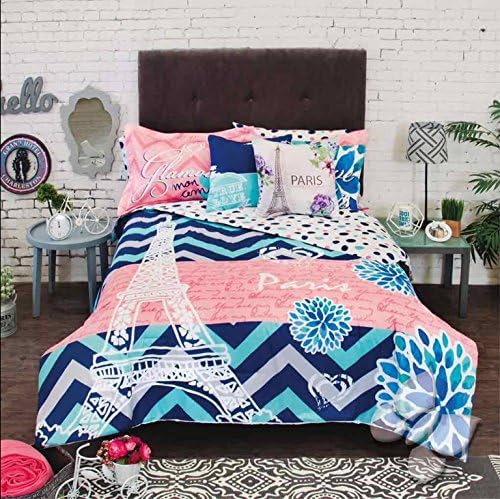 JORGE'S HOME FASHION New Girls Teens Blue Coral Eiffel Tower Paris REVERISBLE Comforter Set Full XL 4 PCS