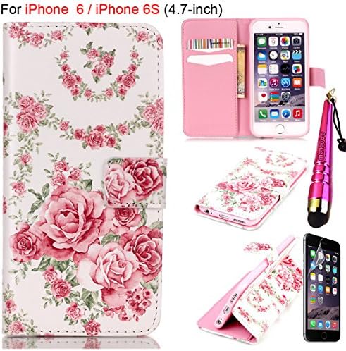 iPhone 6S Case, iPhone 6 Case Cover [4.7-inch], MeKube® Magnetic Flip Stand Card Holder Wallet PU Leather Case Pouch Skin Cover Protector For Apple iPhone 6 6S (4.7") (Pink Rose Flower), W/ Stylus