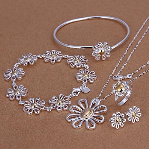 Hot Sale Wedding Fashion 925 Silver Plated Jewelry Set Hand Chain Bracelet Necklace Ring Stud Earings Eardrop Chrysanthemum