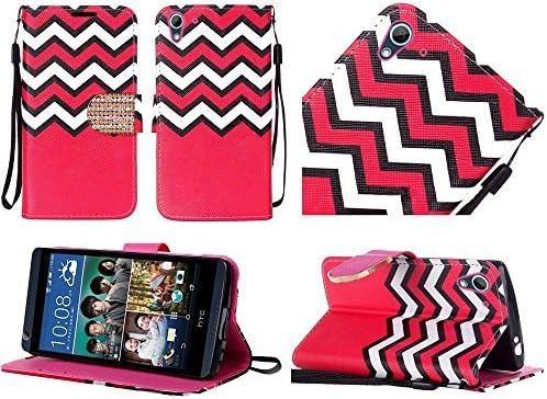 HTC Desire 626 Case, Bling Diamond Magnetic Clasp Leather Flip Jacket Pouch Cover by MEGATRONIC With Wallet and Credit Card Slot - White/Hot Pink Chevron [FREE Stylus + Screen Protector]