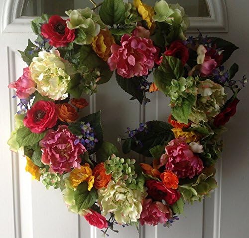 Colorful Mixed Peony Flower Door Wreath, 24 Inches Diameter Red, Orange, Pink with Greenery