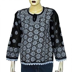Summer Tops Black Cotton Chikan Embroidered Size M