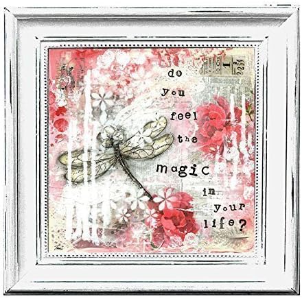 dragonfly artwork - 8x8 Mixed media art print - shabby dragonfly - do you feel the magic in your life? - quote - pink, magenta, roses, shabby and chic