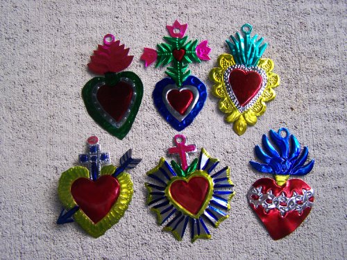 Lot of 6 Different Tin Painted Sacred Hearts Ornaments - Mexico