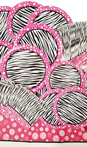 Pink Zebra Party Supply Pack 79 Piece - Buffet Dinner Plates - Desert Plates - Beverage Napkins - Buffet Napkins - Table Cloth