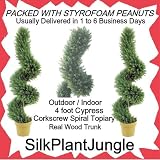 1 lot of 2 Artificial Outdoor Indoor Potted 4 foot Cypress Corkscrew Spiral Topiary Tree Plants with real natural wood trunk, packed with peanuts