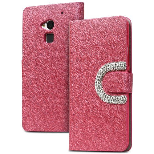 Fosmon CADDY-SEMI Leather Wallet Flip Cover Case for HTC One Max T6 (Hot Pink)