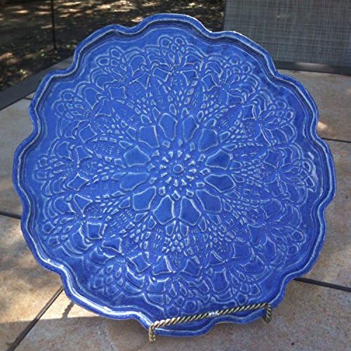 Ceramic Platter Blue Denim Color Lace Doily 10" diameter