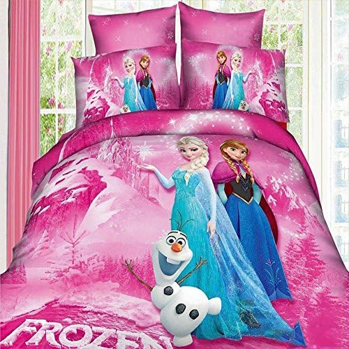 Fantacy 3D Cartoon Pink Princess Elsa& Anna Frozen Sister Bedding Set Flat Sheet Queen Size Duvet Cover Bed Sheet Pillow Case For Family Gift
