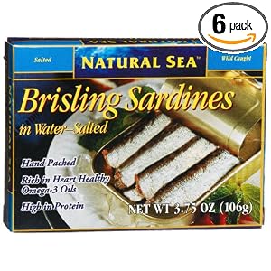Natural Sea Brisling Sardines in Water, Salted, 3.75-Ounce Tins (Pack of 6)